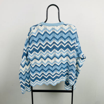 Retro 90s Crochet Knit Sweatshirt Blue Small