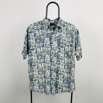 Retro Button Up Shirt T-Shirt Blue Small
