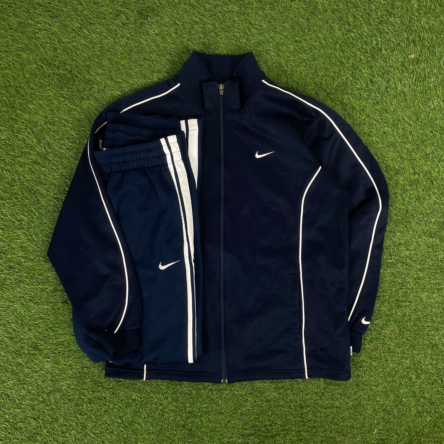 00s Nike Piping Windbreaker Jacket + Joggers Set Blue Small