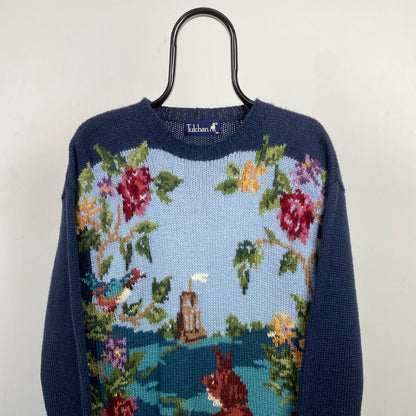 Retro Tulchan Tapestry Knit Sweatshirt Blue Large