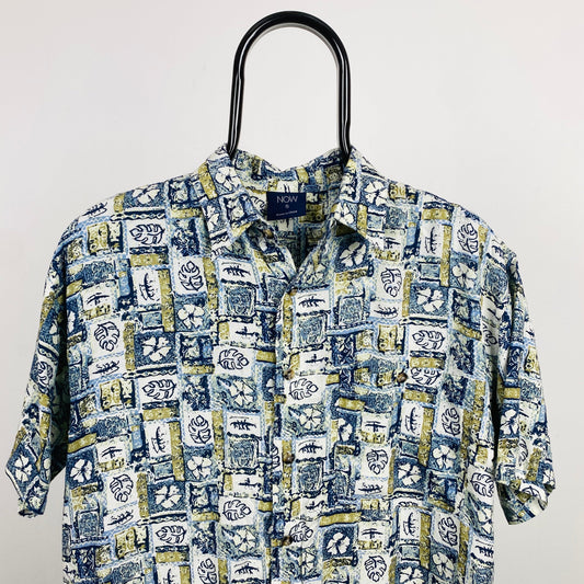 Retro Button Up Shirt T-Shirt Blue Small