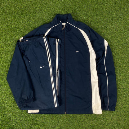 00s Nike Piping Windbreaker Jacket + Joggers Set Blue Small